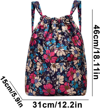 Blommig ryggsäck dam med mått och tydlig visning av kapacitet