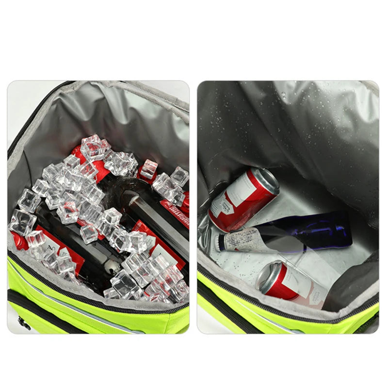 Öppen kylryggsäck fylld med drycker och ispack för optimal kylning