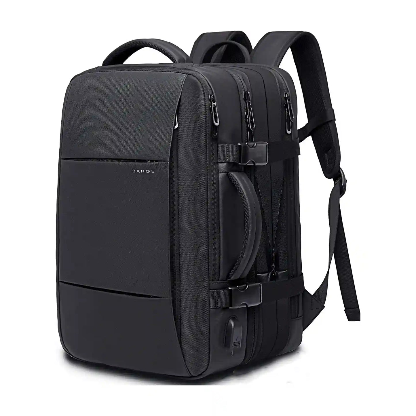 Reseryggsäck handbagage i svart med flera fack och bekväma axelremmar