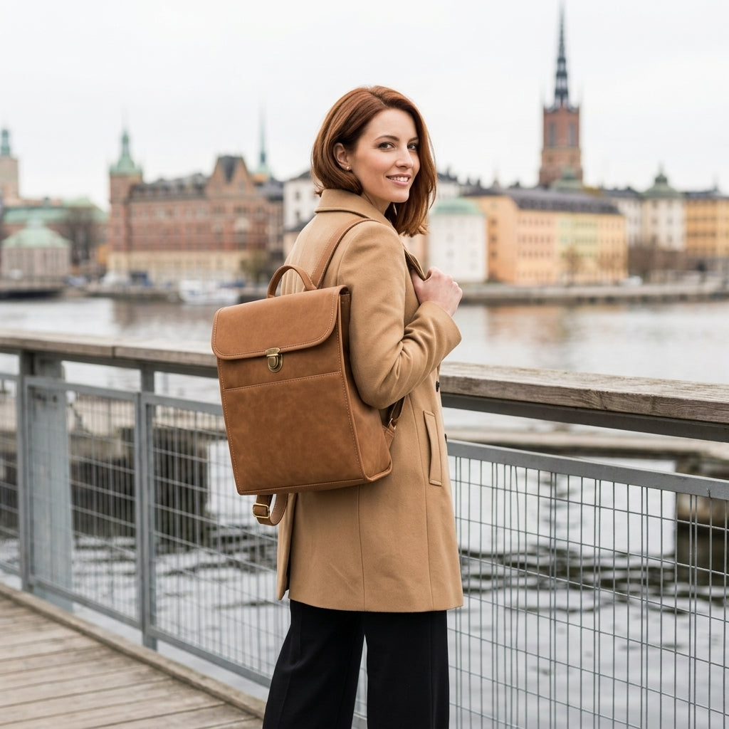 Läder Laptopväska Dam – Vintage Ryggsäck med Datorfack & Guldspännen