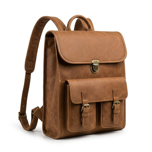 Korsa Stockholm vintage leather laptop backpack with gold hardware — packshot front