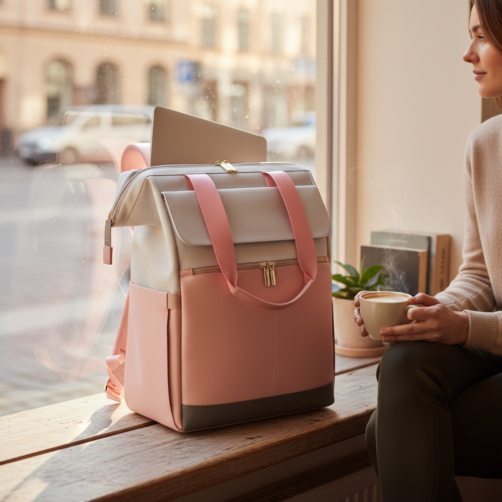 Korsa Stockholm small premium cognac leather mini backpack with gold hardware — lifestyle action