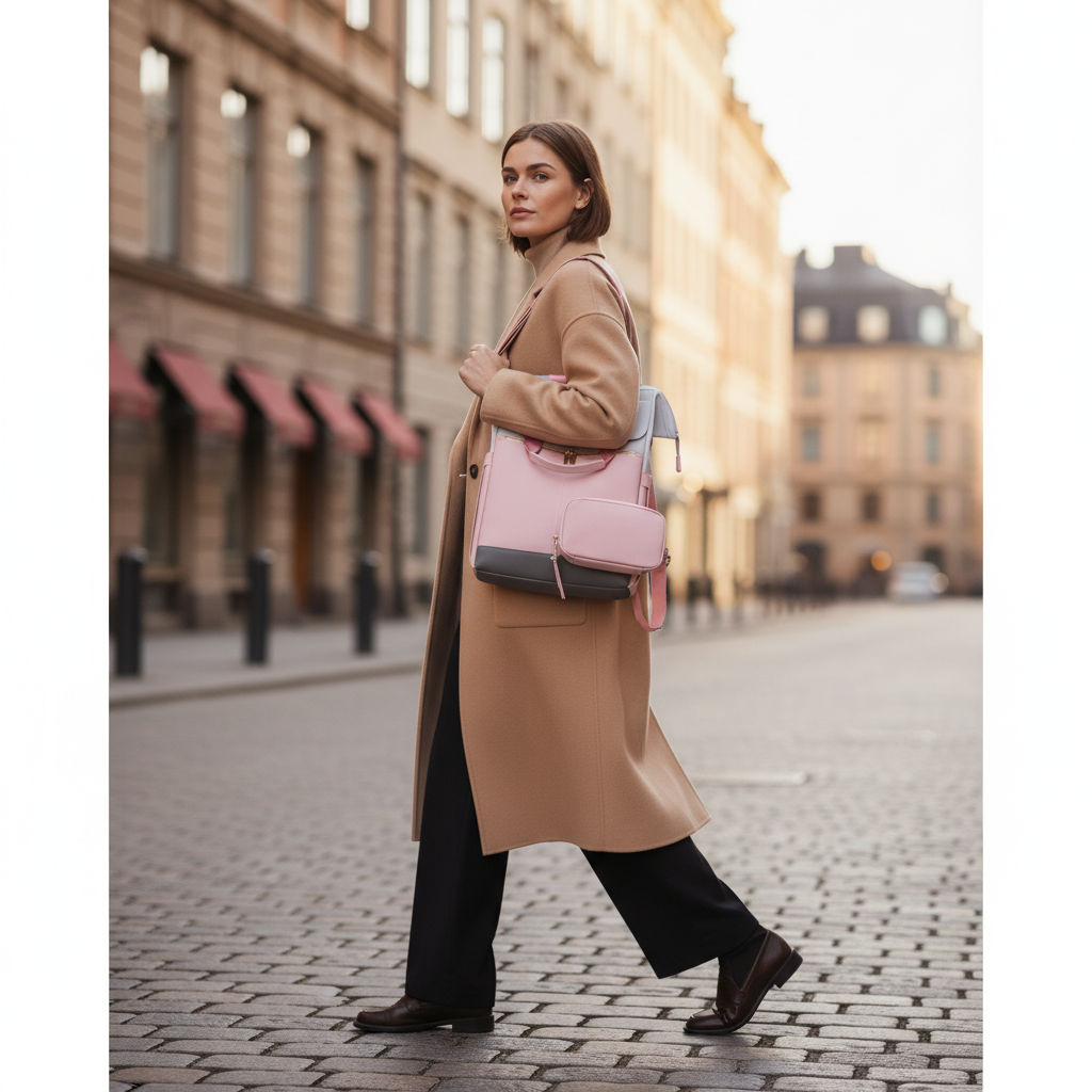 Korsa Stockholm small premium cognac leather mini backpack with gold hardware — lifestyle hero