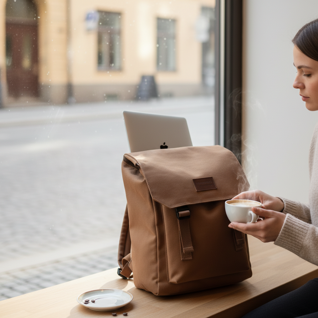 Korsa Stockholm black water-resistant nylon backpack with laptop compartment — lifestyle action