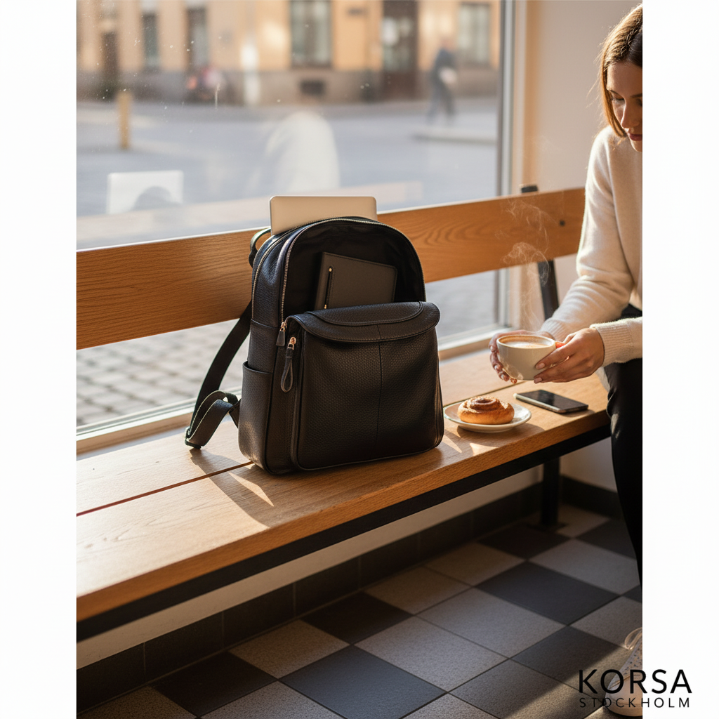 Korsa Stockholm black genuine leather backpack with gold hardware zippers — lifestyle action