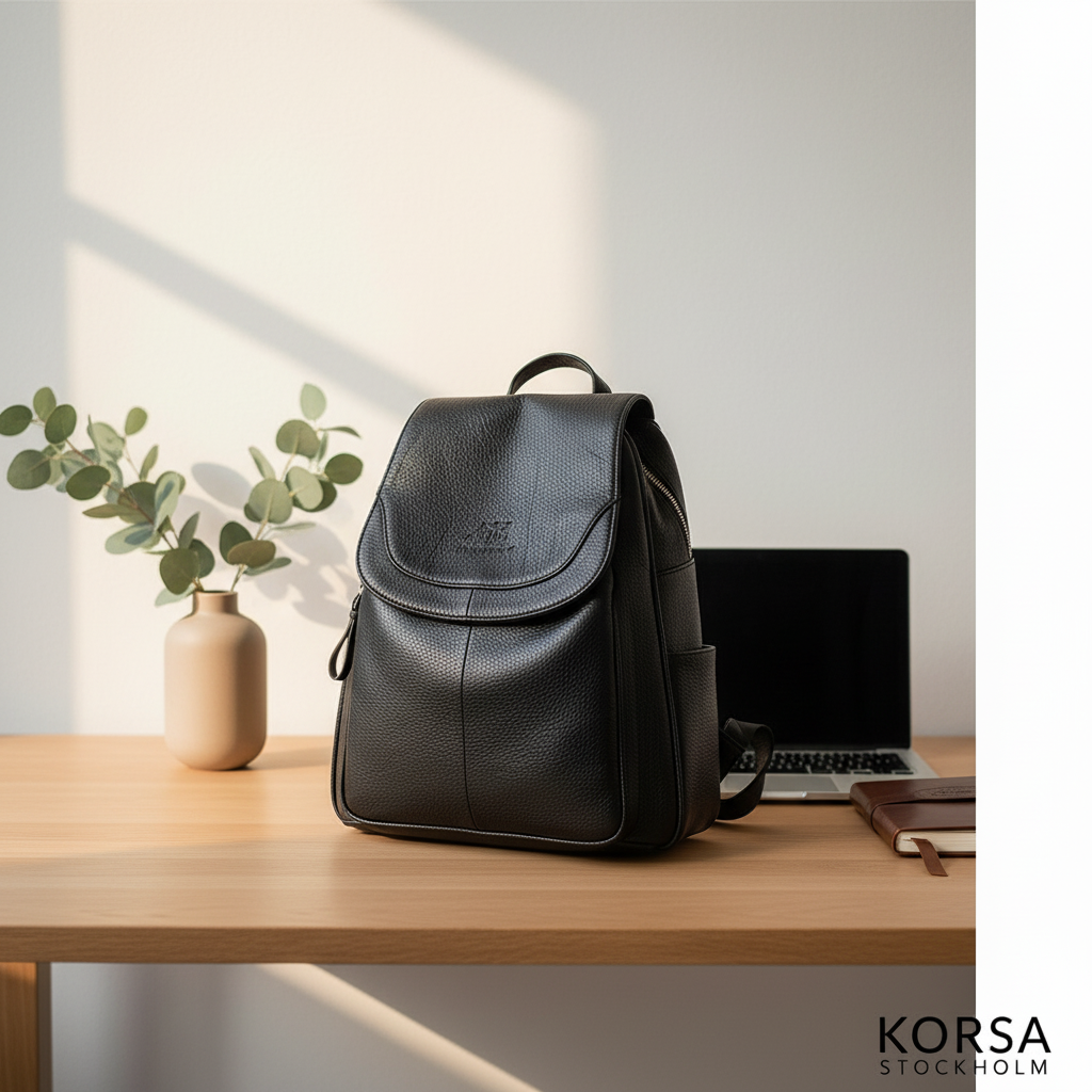 Korsa Stockholm black genuine leather backpack with gold hardware zippers — lifestyle ambiance