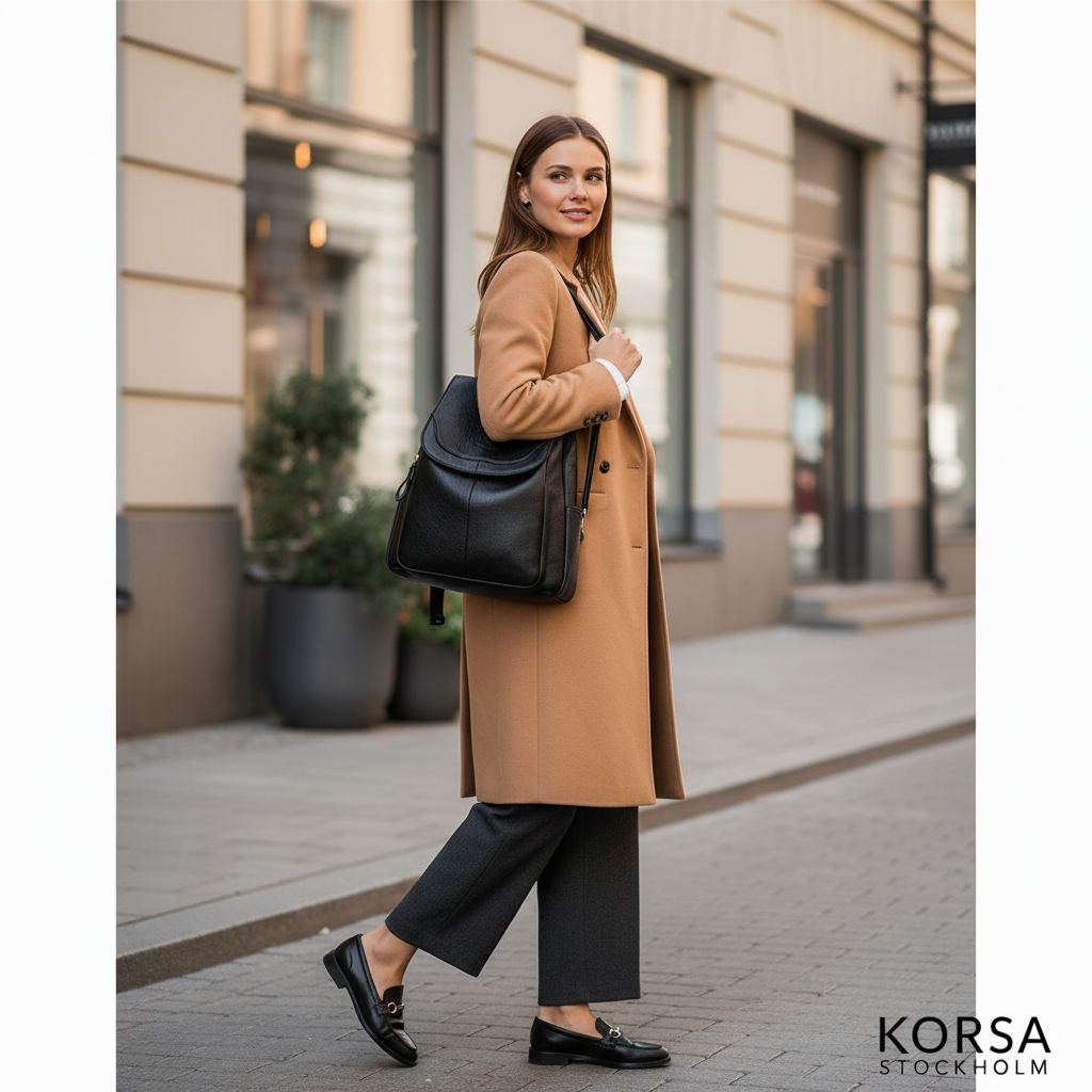 Korsa Stockholm black genuine leather backpack with gold hardware zippers — lifestyle hero