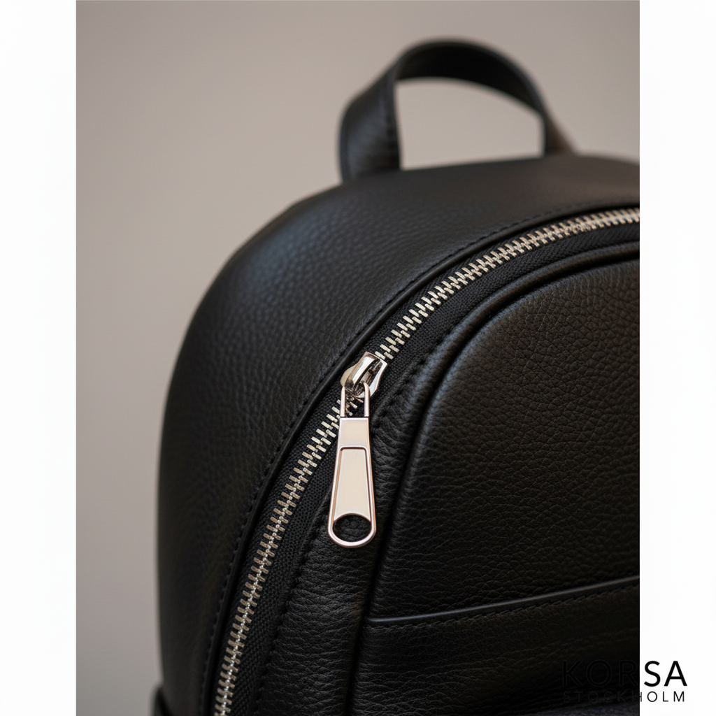 Korsa Stockholm black genuine leather backpack with gold hardware zippers — macro detail