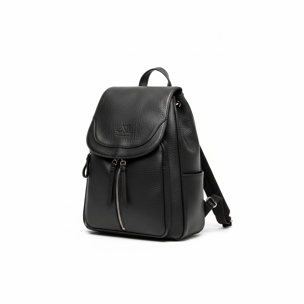 Korsa Stockholm black genuine leather backpack with gold hardware zippers — packshot front