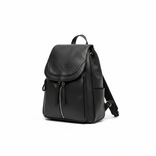 Korsa Stockholm black genuine leather backpack with gold hardware zippers — packshot front