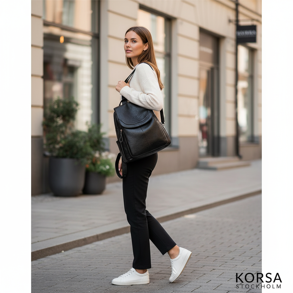 Ryggsäck Dam i Svart Skinn – Stilren Vardagsväska för Kontor & Stad
