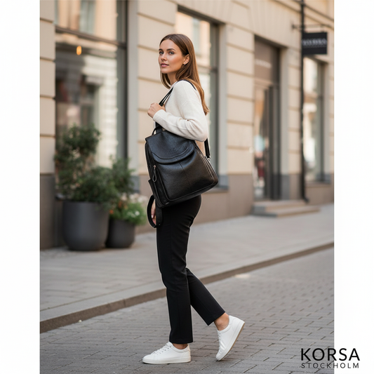 Ryggsäck Dam i Svart Skinn – Stilren Vardagsväska för Kontor & Stad